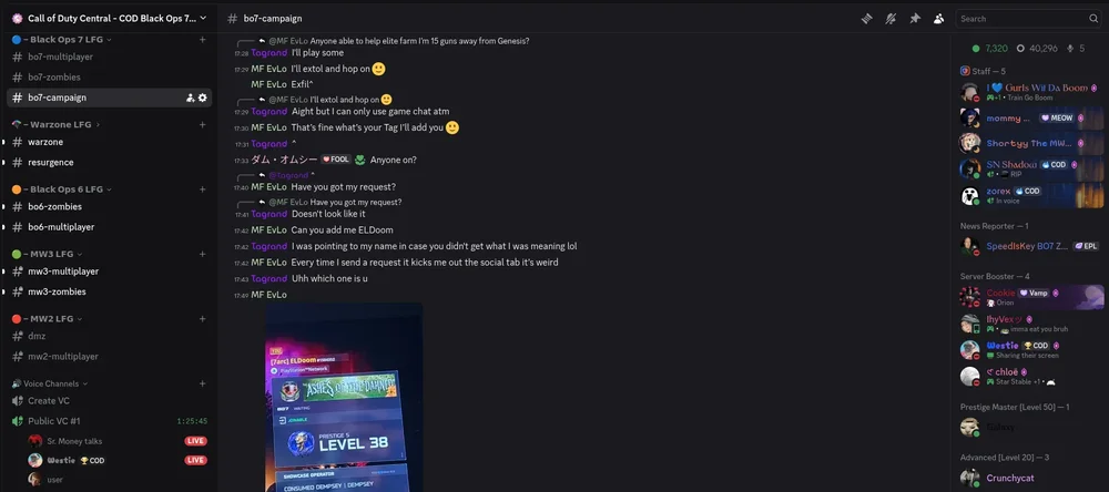 Active BO7 LFG text chat showing players finding teammates