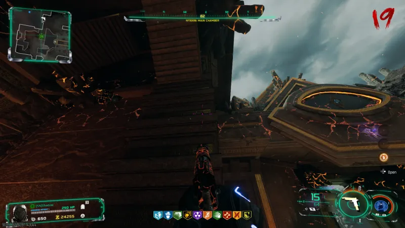 The lava-cracked Nyxara Main Chamber on Rex Infernus where the third Mr Peeks headphone sits up high