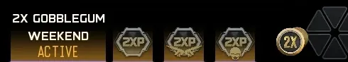 BO7 Zombies lobby banner 2X GobbleGum Weekend Active with three 2XP icons and the 2X GobbleGum coin