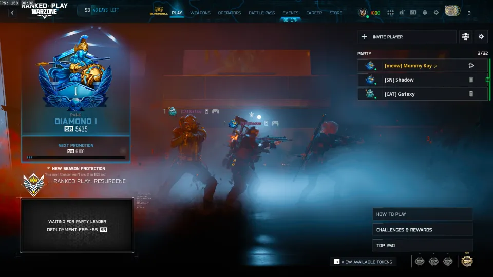 BO7 Ranked Play Diamond I lobby with a squad of three players ready to queue