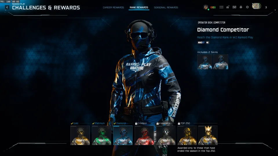 BO7 Ranked Play division rewards showing exclusive operator skins from Gold to Top 250