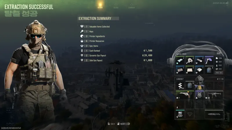 MW4 DMZ after-action extraction summary with 2 Dynamic Ops Payout of 20,400 and 2 Side Ops Payout of 1,000