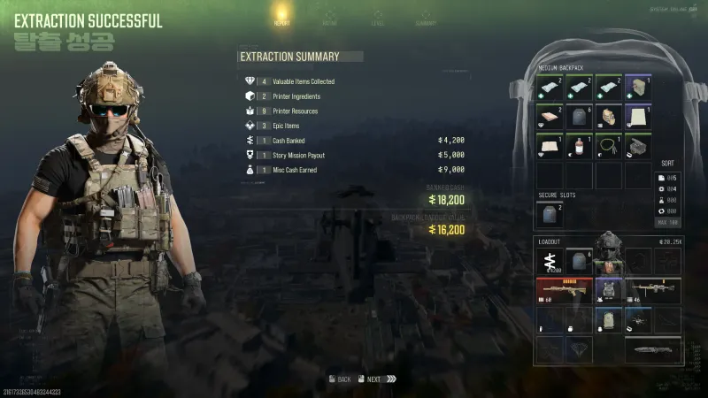 MW4 DMZ Extraction Successful summary after Operation Silent Ledger showing a 5,000 dollar Story Mission Payout and 18,200 dollars banked