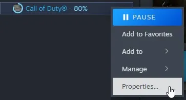 Steam library right-click menu on Call of Duty with Properties selected