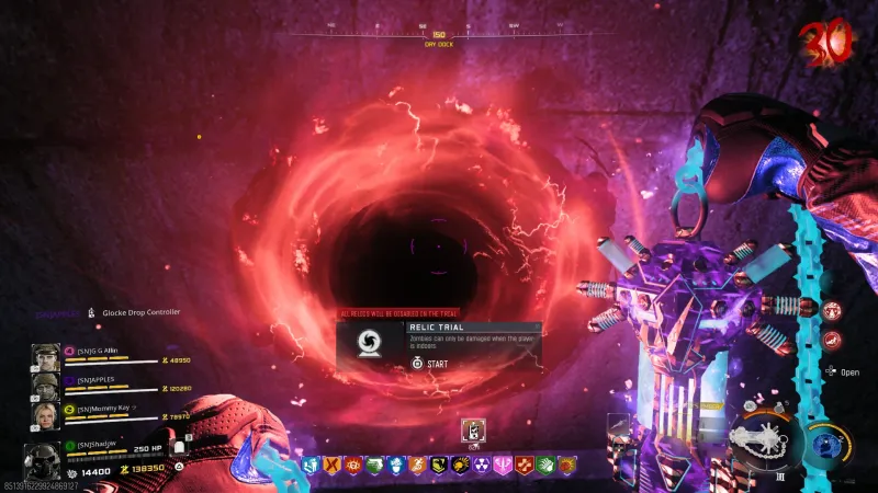 The Agarthan Device relic trial portal in the Dry Dock area of Totenreich showing the Relic Trial start prompt with the message Zombies can only be damaged when the player is indoors