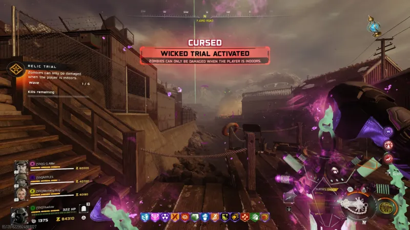 CURSED Wicked Trial Activated screen showing Wave 1 of 6 and the rule Zombies Can Only Be Damaged When The Player Is Indoors on Totenreich