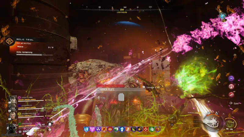 Wave 3 of 6 HVT round during the Agarthan Device trial showing Kill all HVTs objective with heavy combat at the lighthouse