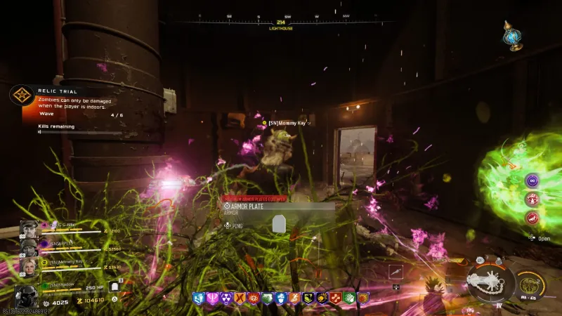 Wave 4 of 6 inside the lighthouse on Totenreich with Toxic Growth field upgrade creating barriers and zombies being damaged indoors