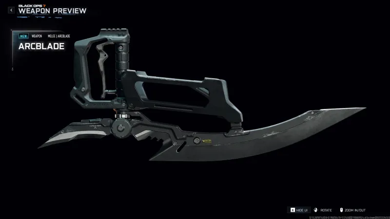 Weapon preview of the Arcblade melee weapon in Black Ops 7, a bladed tonfa with a curved blade under the grip