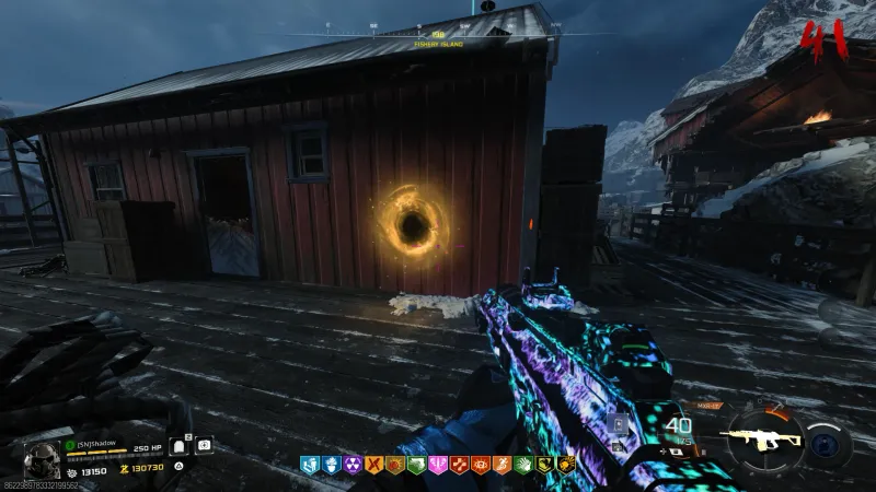 The Stuffed Elephant relic trial portal glowing golden on the side of the red barn building on Beacon Island in Totenreich