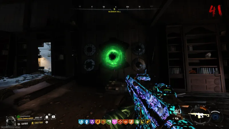 The green relic trial portal glowing on the Blenheim Hall wall after completing the tomahawk sequence in Totenreich