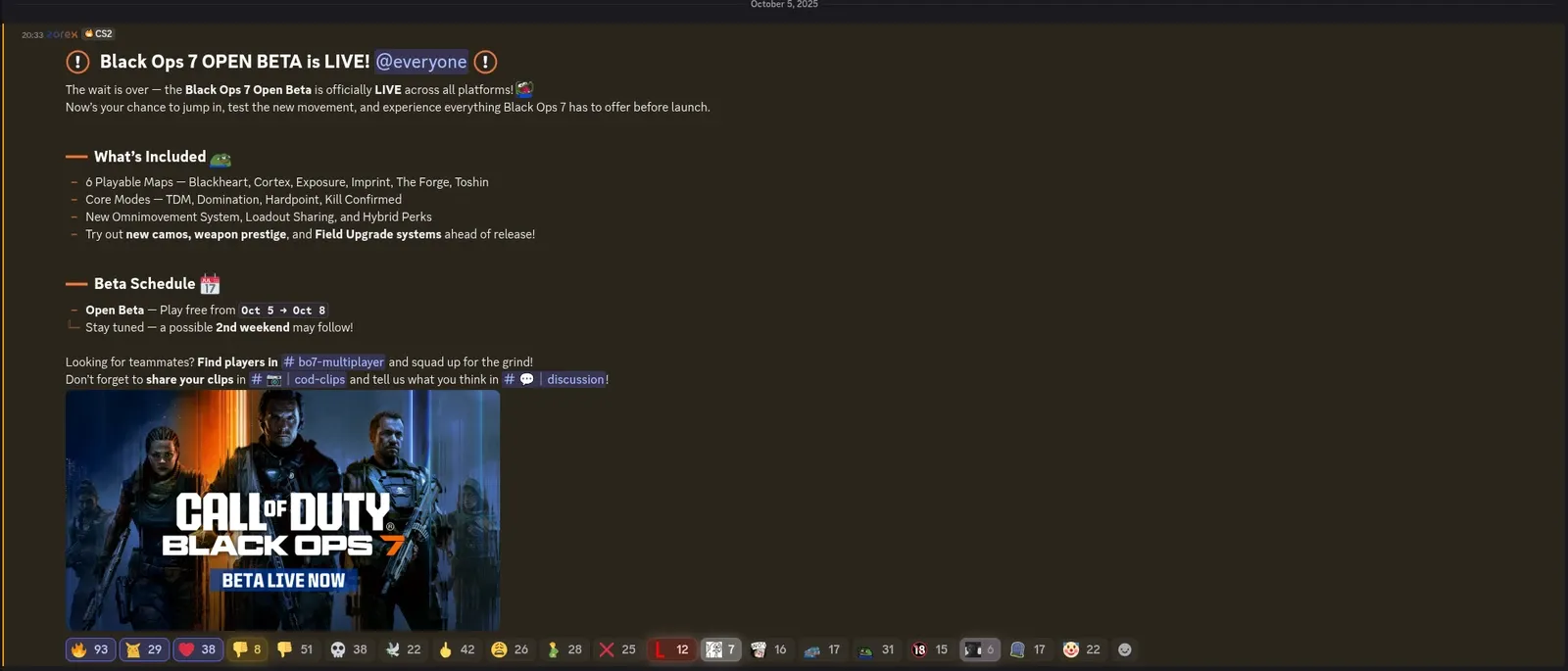 COD Central announcement for Black Ops 7 Open Beta launch with 93 reactions