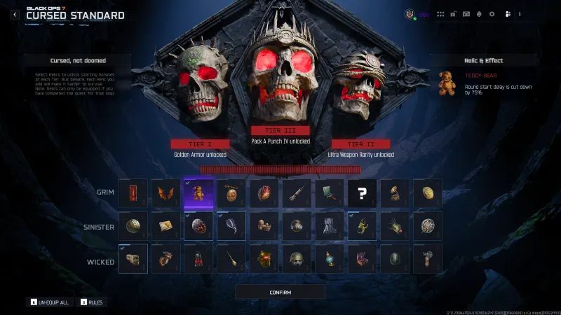 BO7 Cursed Mode tier select screen on Ashes of the Damned showing the Grim relic row with the Teddy Bear