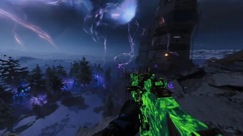 Mid-air view from the Vandorn Farm jump pad on Ashes of the Damned showing purple targets near Janus Towers with a Pack-a-Punched weapon