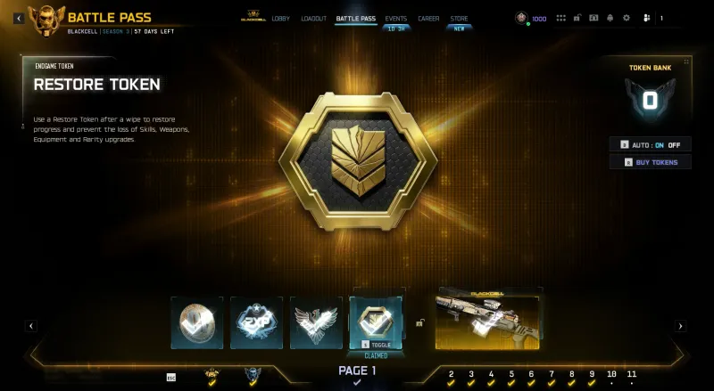 BO7 Season 3 Battle Pass page showing the Restore Token reward and Token Bank