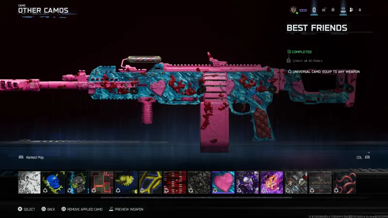 The Best Friends universal camo in BO7, a pink and blue heart pattern on a rifle, unlocked by the Collect All 30 Relics challenge