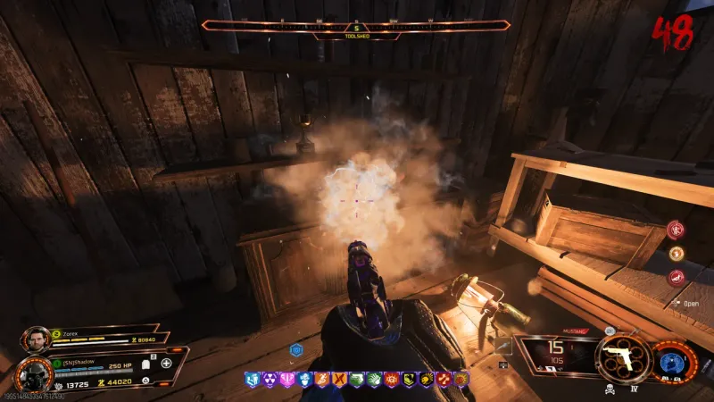 Player answering the ringing red telephone at the Toolshed during the Blood Vials relic quest in BO7 Zombies