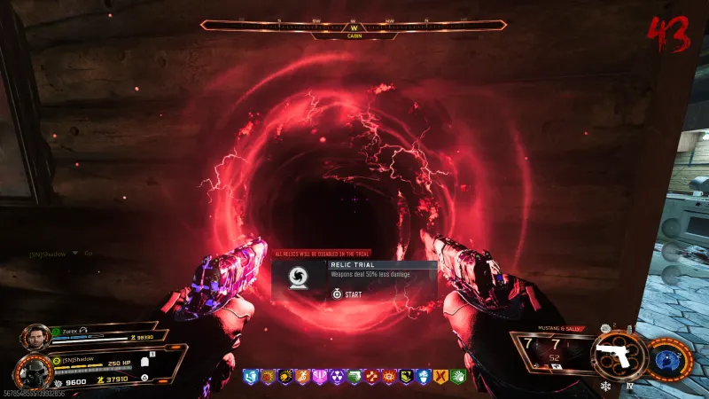 Blood Vials relic trial START prompt in BO7 showing all relics disabled and weapons deal 50 percent less damage