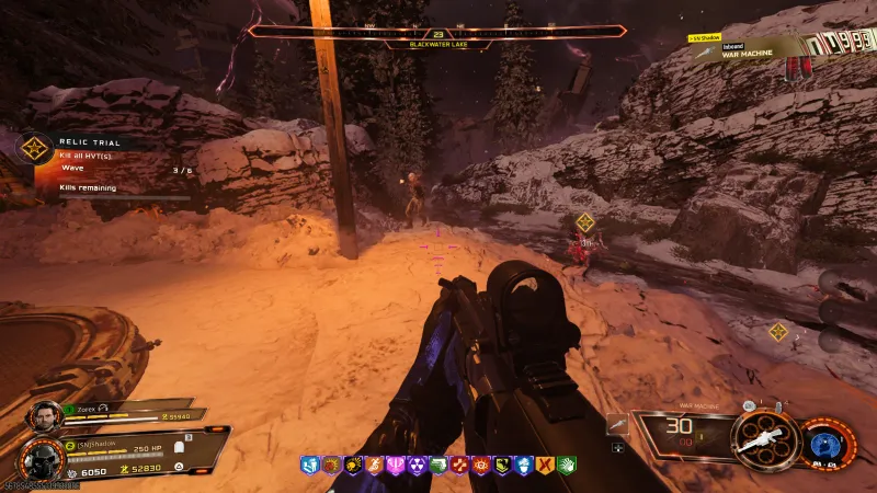 Blood Vials relic trial HVT wave at Blackwater Lake in BO7 with a Kill all HVTs objective on screen