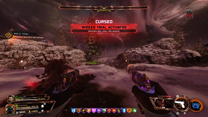 CURSED Wicked Trial Activated banner for the Blood Vials relic in BO7 showing Wave 1 of 6 and weapons deal 50 percent less damage