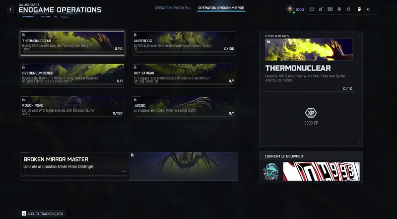 BO7 Operation Broken Mirror calling card challenges showing all 7 challenges on the Endgame Operations screen