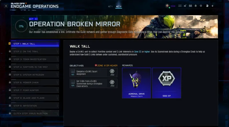 BO7 Broken Mirror Step 1 Walk Tall showing D.A.W.G. Escort and Scorestreak objectives in Zone 3 with Adrenal Drive weapon charm reward