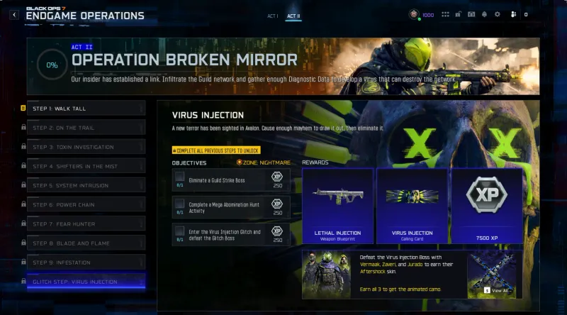 BO7 Broken Mirror Step 10 Virus Injection Glitch showing Lethal Injection blueprint and Virus Injection calling card rewards