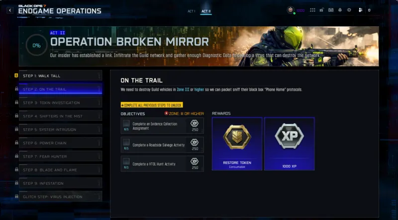 BO7 Broken Mirror Step 2 On The Trail showing Evidence Collection, Roadside Salvage, and VTOL Hunt objectives with Restore Token reward