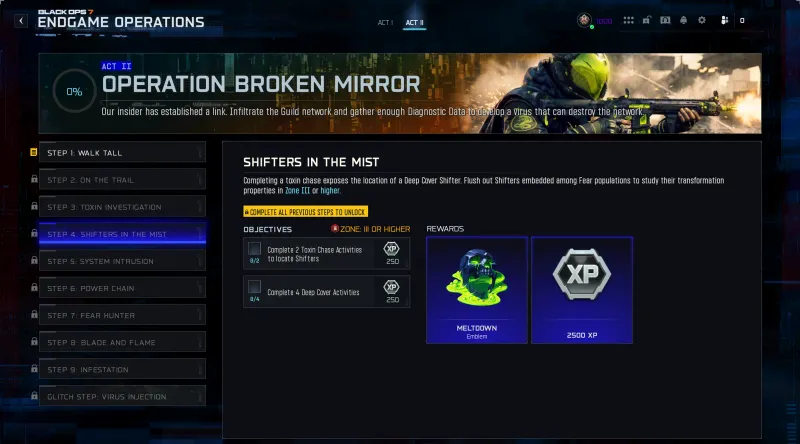 BO7 Broken Mirror Step 4 Shifters In The Mist showing Toxin Chase and Deep Cover objectives with Meltdown Emblem reward