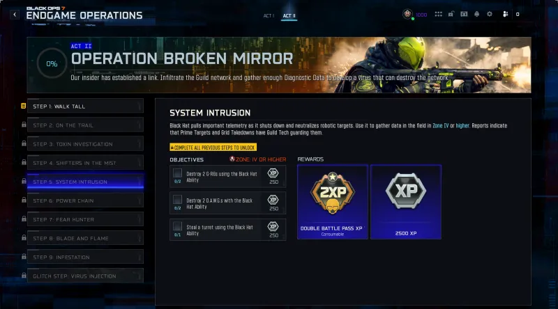 BO7 Broken Mirror Step 5 System Intrusion showing Black Hat Ability objectives to destroy G-R6s, D.A.W.G.s, and steal a turret in Zone 4