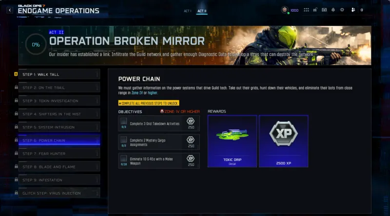 BO7 Broken Mirror Step 6 Power Chain showing Grid Takedown, Mystery Cargo, and melee G-R5 kill objectives in Zone 4