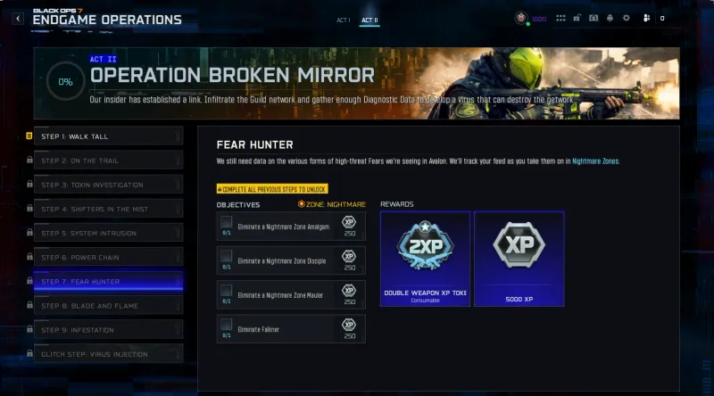 BO7 Broken Mirror Step 7 Fear Hunter showing Amalgam, Disciple, Mauler, and Falkner elimination objectives in Nightmare Zone