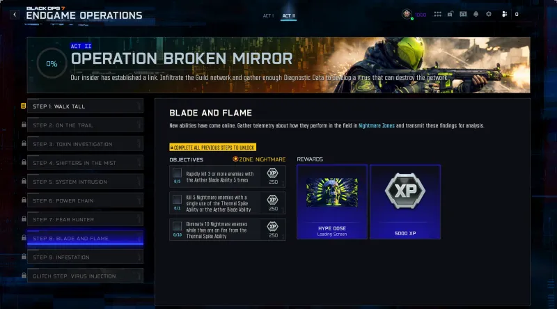 BO7 Broken Mirror Step 8 Blade and Flame showing Thermal Spike and Aether Blade objectives in Nightmare Zone