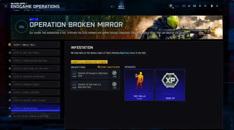 BO7 Broken Mirror Step 9 Infestation showing 20 Scourge and 20 Toxic Fear elimination objectives in Nightmare Zone