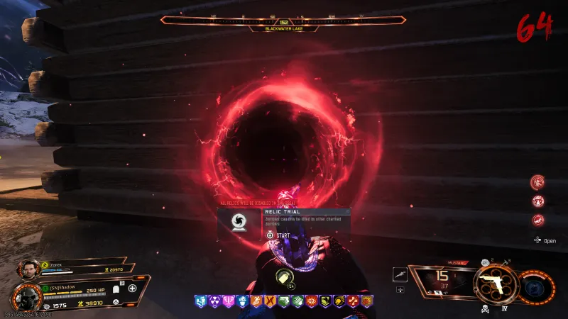 Red Bus relic portal on the boathouse wall at Blackwater Lake in BO7 Ashes of the Damned with the relic trial prompt