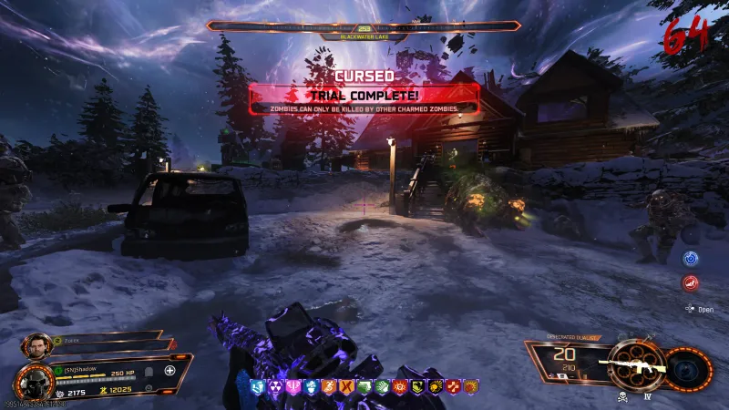 CURSED TRIAL COMPLETE banner after finishing the six-wave Bus relic trial at Blackwater Lake in BO7 round 64