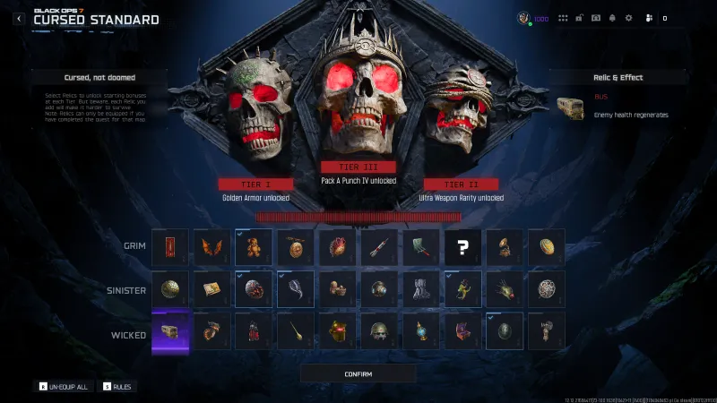 BO7 Cursed Standard menu showing the Bus relic in the Wicked row with the effect enemy health regenerates