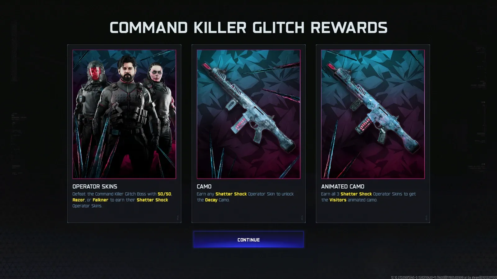 BO7 Command Killer Glitch Rewards showing Shatter Shock operator skins, Decay weapon camo, and Visitors animated camo