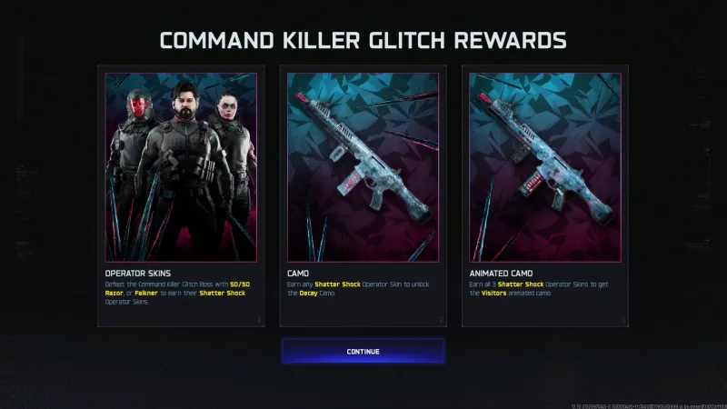 BO7 Command Killer Glitch Rewards showing Shatter Shock operator skins, Decay weapon camo, and Visitors animated camo