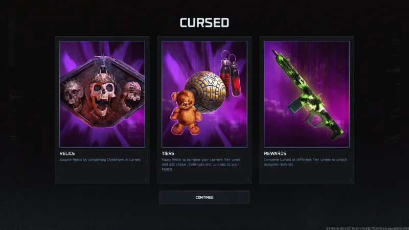 BO7 Cursed mode menu screen showing the three core systems: Relics, Tiers, and Rewards