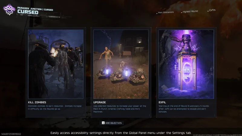 BO7 Cursed mode objectives screen on Paradox Junction showing Kill Zombies, Upgrade, and Exfil