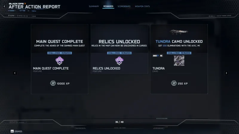 After Action Report showing Main Quest Complete and Relics Unlocked rewards after completing the Ashes of the Damned Easter egg