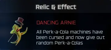 Dancing Arnie relic description showing all perk machines are cursed and give random perks in BO7 Totenreich
