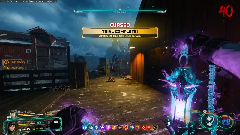 Cursed Trial Complete screen after completing the Dancing Arnie relic melee trial on Fishery Island in BO7 Totenreich