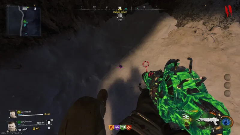 Looking down at the exact dog tags location in the snow at Crashed Rocket during the Dempsey side Easter egg