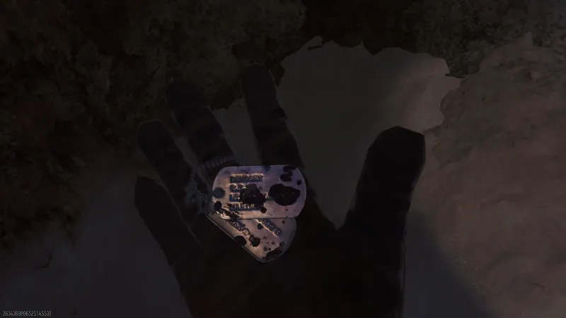Dempsey holding the blood-stained dog tags with his name visible during the side Easter egg cutscene