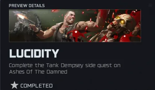 Lucidity Dark Ops calling card reward screen showing completion of the Tank Dempsey side quest on Ashes of the Damned