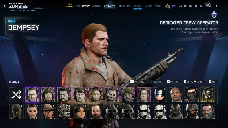 Dempsey operator selection screen in BO7 Zombies showing Dedicated Crew Operator label