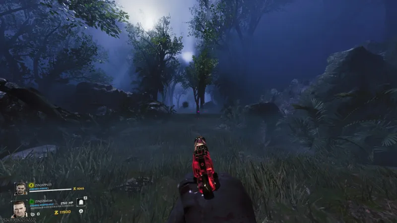 The Vietnam jungle flashback area during the Dempsey side Easter egg with fog and a glowing wisp ahead