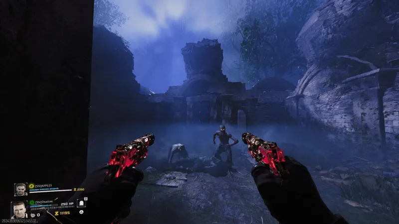 Fighting armored zombies near a body at the temple ruins during Dempsey's Vietnam flashback
